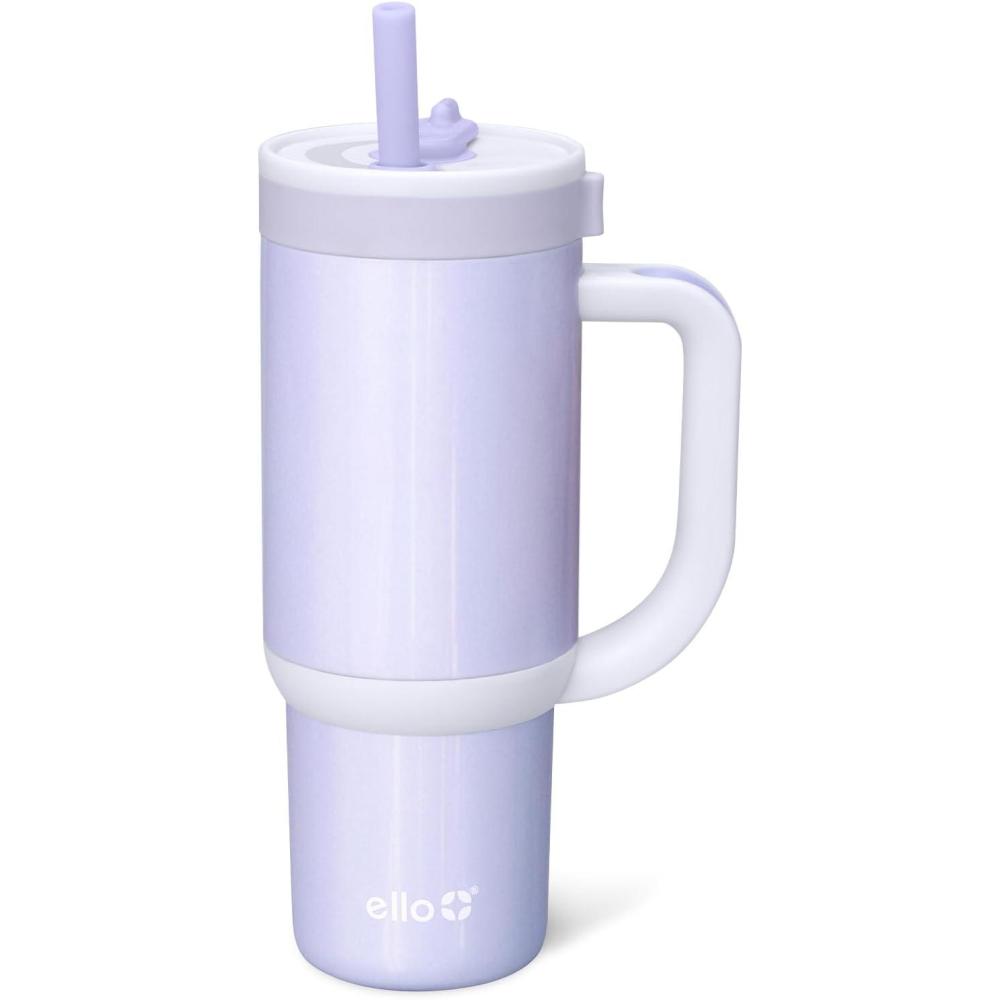 imageEllo Oasis 24oz Tumbler with Handle amp Retracting Straw Reusable Insulated Stainless Steel Cup 100 Leakproof Gifts for Teens Women Men Keeps cold for 24 Hours Cup Holder Friendly Orange DaisiesShiny Purple