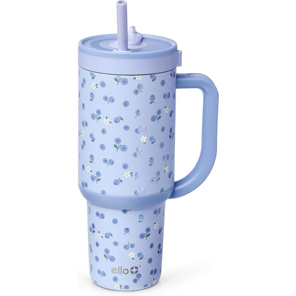 imageEllo Oasis 24oz Tumbler with Handle amp Retracting Straw  Reusable Insulated Stainless Steel Cup 100 Leakproof Gifts for Teens Women Men  Keeps cold for 24 Hours Cup Holder Friendly Orange DaisiesBlueberries