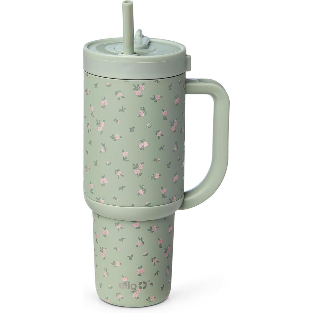 imageEllo Oasis 24oz Tumbler with Handle amp Retracting Straw  Reusable Insulated Stainless Steel Cup 100 Leakproof Gifts for Teens Women Men  Keeps cold for 24 Hours Cup Holder Friendly Orange DaisiesFull Bloom
