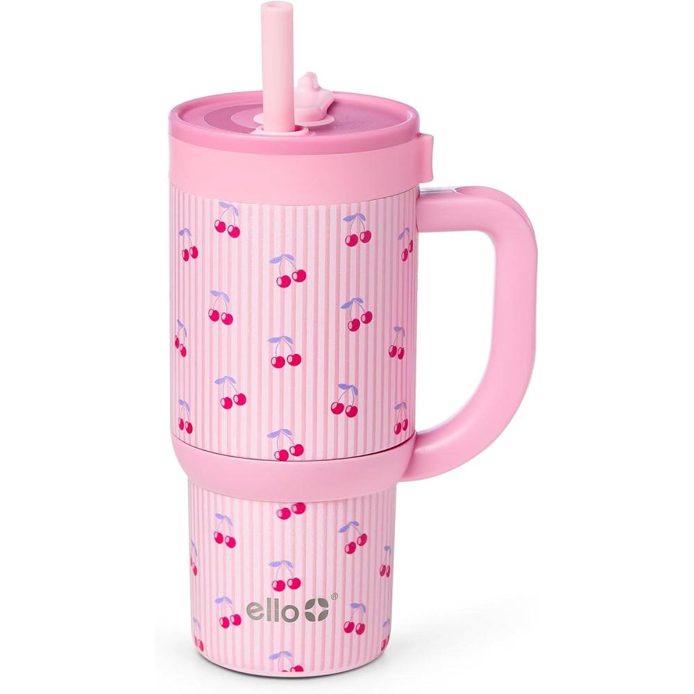 imageEllo Oasis 24oz Tumbler with Handle amp Retracting Straw Reusable Insulated Stainless Steel Cup 100 Leakproof Gifts for Teens Women Men Keeps cold for 24 Hours Cup Holder Friendly Orange DaisiesPreppy Cherries