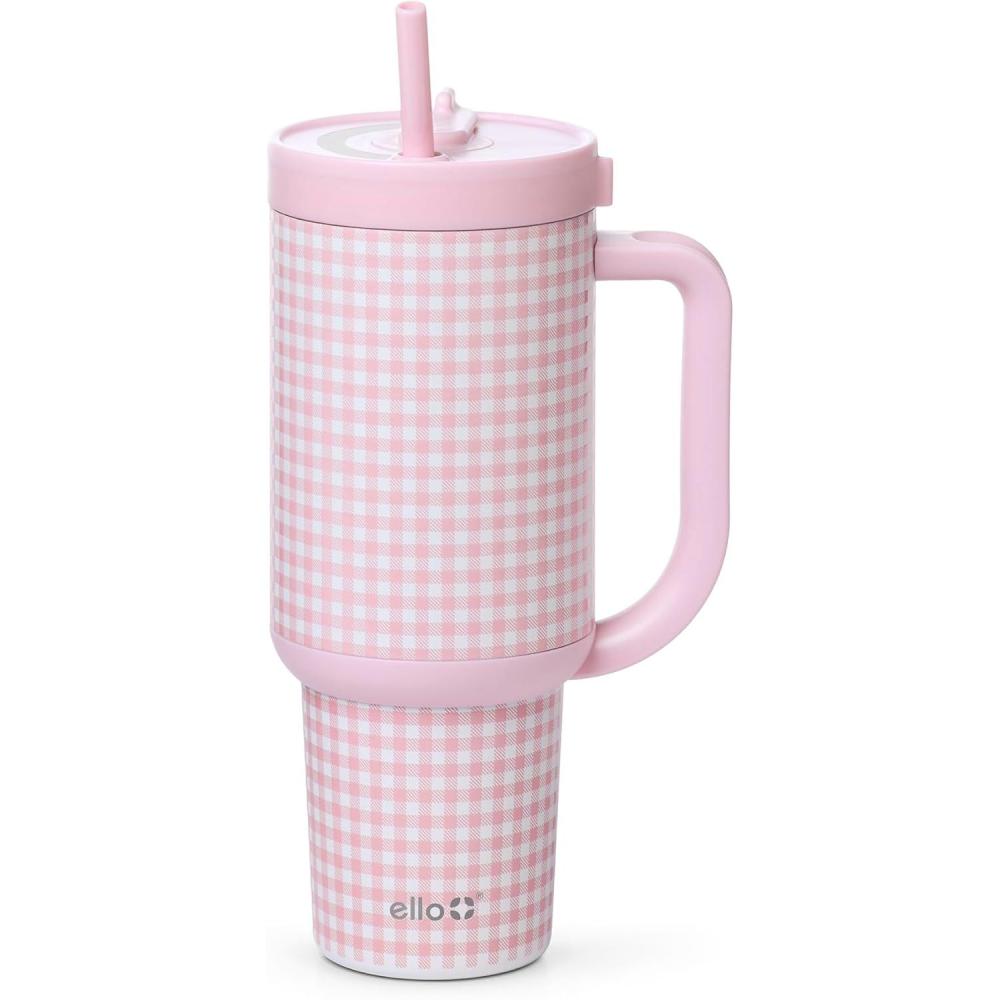 imageEllo Oasis 24oz Tumbler with Handle amp Retracting Straw Reusable Insulated Stainless Steel Cup 100 Leakproof Gifts for Teens Women Men Keeps cold for 24 Hours Cup Holder Friendly Orange DaisiesPink Gingham