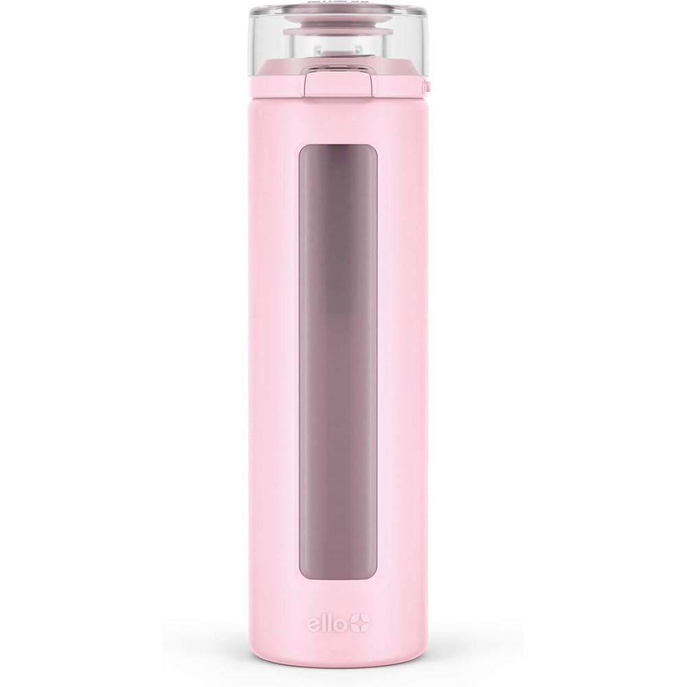 imageEllo Syndicate 20oz Reusable Glass Water Bottle with OneTouch Leak Proof Flip LidProtective NonSlip Silicone SleeveCarry Loop for CoffeeTeaampWaterBPAfree Dishwasher SafeAlligatorHomeTravelCashmere Pink