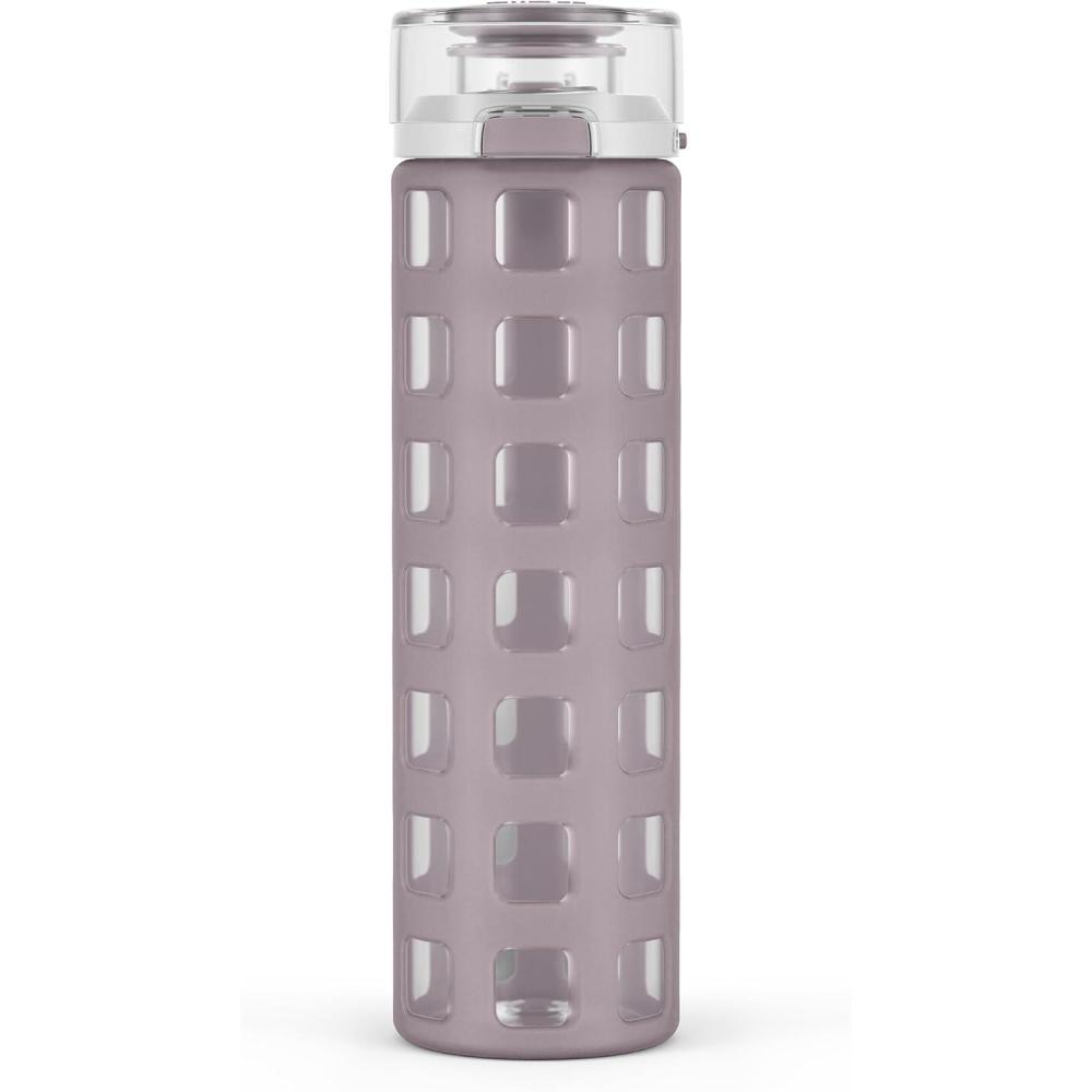 imageEllo Syndicate 20oz Reusable Glass Water Bottle with OneTouch Leak Proof Flip LidProtective NonSlip Silicone SleeveCarry Loop for CoffeeTeaampWaterBPAfree Dishwasher SafeAlligatorHomeTravelMauvewood