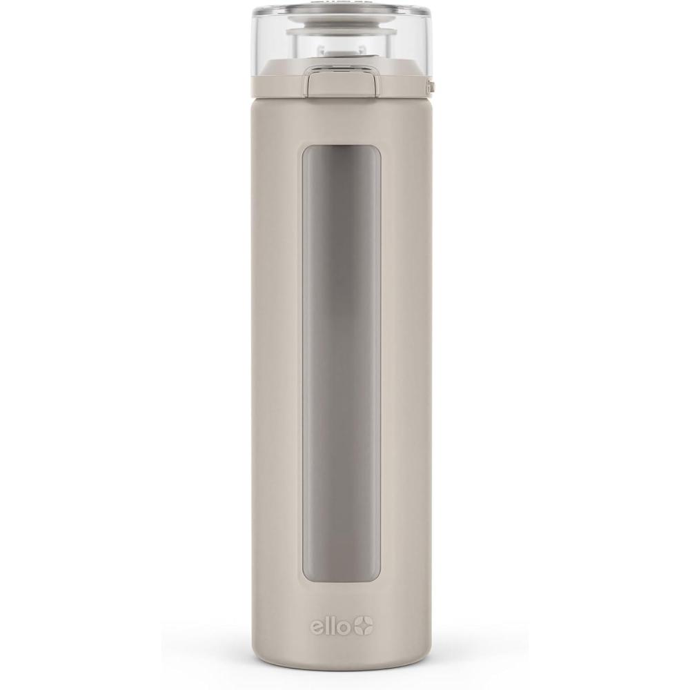 imageEllo Syndicate 20oz Reusable Glass Water Bottle with OneTouch Leak Proof Flip LidProtective NonSlip Silicone SleeveCarry Loop for CoffeeTeaampWaterBPAfree Dishwasher SafeAlligatorHomeTravelSand