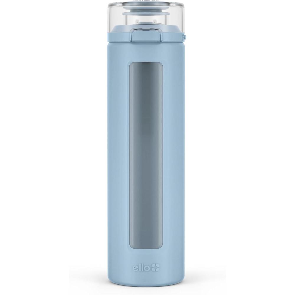 imageEllo Syndicate 20oz Reusable Glass Water Bottle with OneTouch Leak Proof Flip LidProtective NonSlip Silicone SleeveCarry Loop for CoffeeTeaampWaterBPAfree Dishwasher SafeAlligatorHomeTravelTech Blue