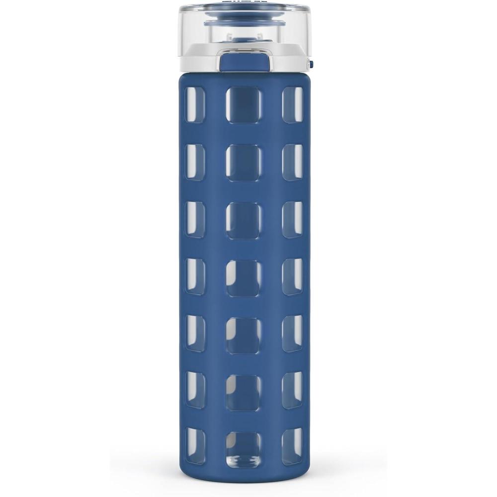imageEllo Syndicate 20oz Reusable Glass Water Bottle with OneTouch Leak Proof Flip LidProtective NonSlip Silicone SleeveCarry Loop for CoffeeTeaampWaterBPAfree Dishwasher SafeAlligatorHomeTravelBold Blue