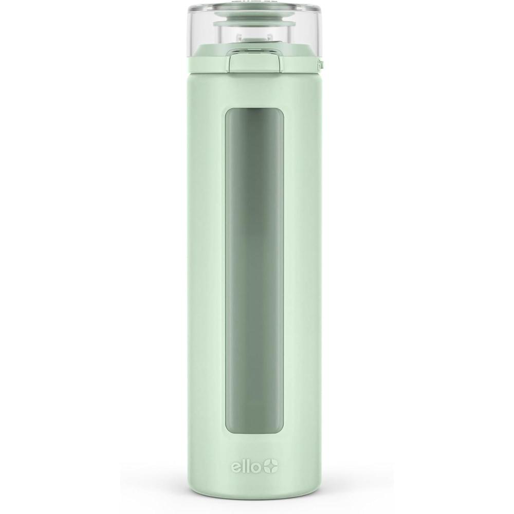 imageEllo Syndicate 20oz Reusable Glass Water Bottle with OneTouch Leak Proof Flip LidProtective NonSlip Silicone SleeveCarry Loop for CoffeeTeaampWaterBPAfree Dishwasher SafeAlligatorHomeTravelSage