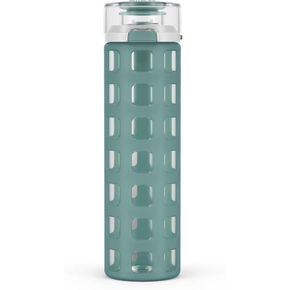 imageEllo Syndicate 20oz Reusable Glass Water Bottle with OneTouch Leak Proof Flip LidProtective NonSlip Silicone SleeveCarry Loop for CoffeeTeaampWaterBPAfree Dishwasher SafeAlligatorHomeTravelAlligator