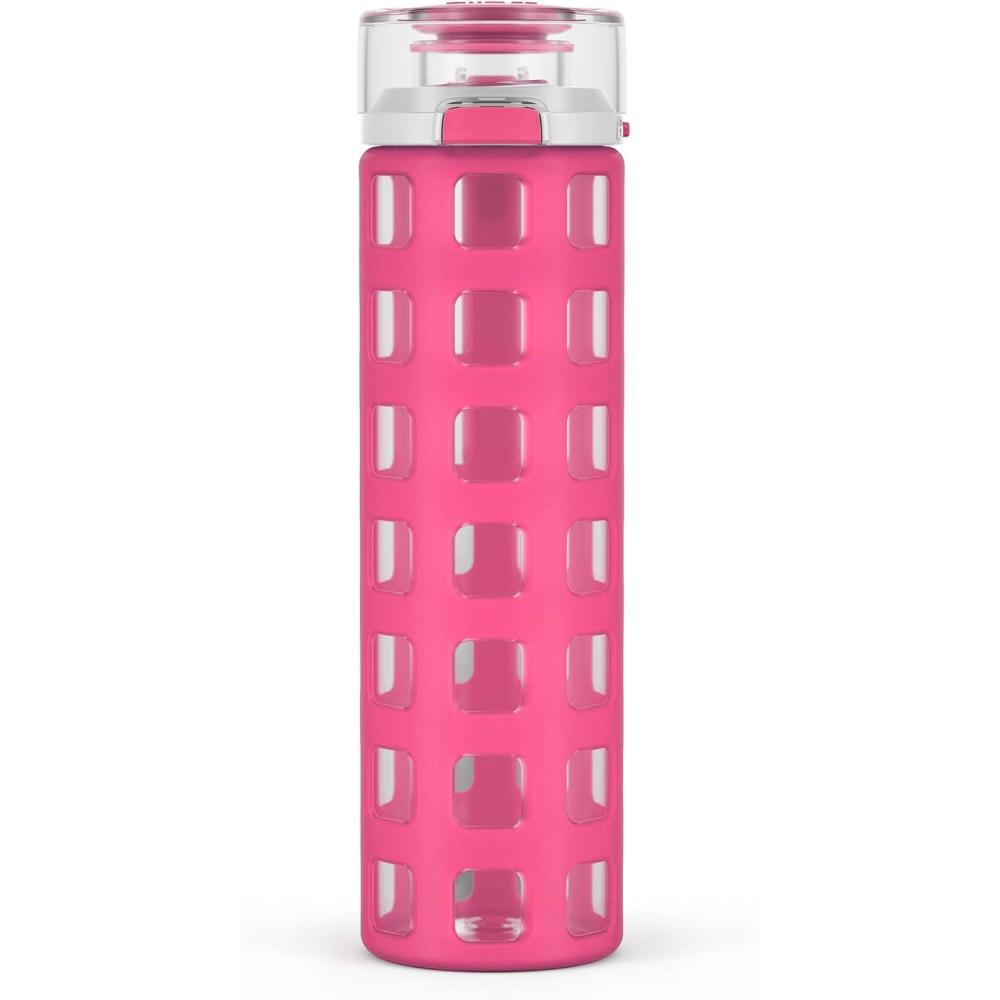 imageEllo Syndicate 20oz Reusable Glass Water Bottle with OneTouch Leak Proof Flip LidProtective NonSlip Silicone SleeveCarry Loop for CoffeeTeaampWaterBPAfree Dishwasher SafeAlligatorHomeTravelPink