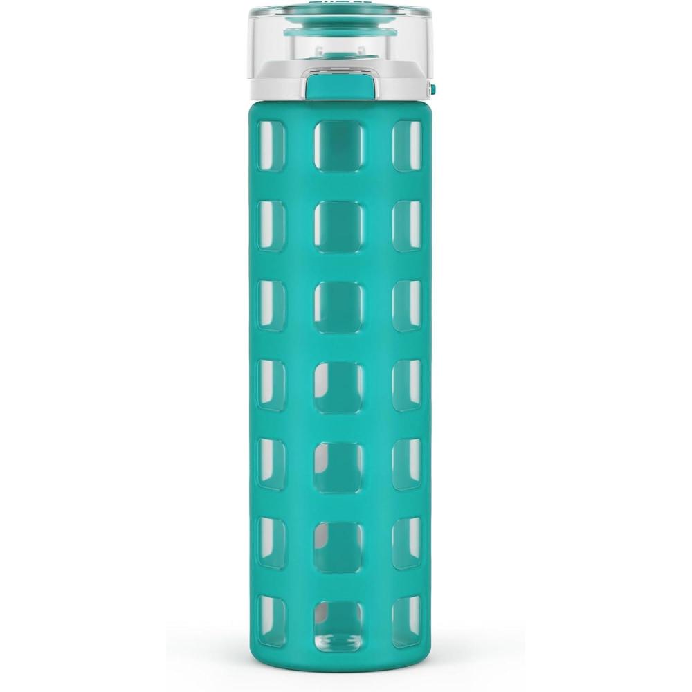 imageEllo Syndicate 20oz Reusable Glass Water Bottle with OneTouch Leak Proof Flip LidProtective NonSlip Silicone SleeveCarry Loop for CoffeeTeaampWaterBPAfree Dishwasher SafeAlligatorHomeTravelMint