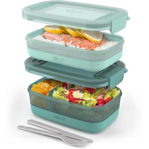 Ello 2-Pack Bento Box Lunch Stack Plastic Food Storage Container | Leak-Proof Locking Plastic Lids | Silicone Base | BPA-Free | Freezer Microwave and Dishwasher Safe | Wisteria(Mint Chip)