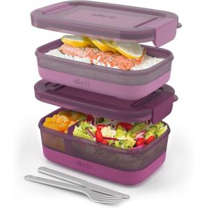 Ello 2-Pack Bento Box Lunch Stack Plastic Food Storage Container | Leak-Proof Locking Plastic Lids | Silicone Base | BPA-Free | Freezer Microwave and Dishwasher Safe | Wisteria(Raspberry)