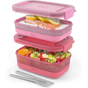 Ello 2-Pack Bento Box Lunch Stack Plastic Food Storage Container | Leak-Proof Locking Plastic Lids | Silicone Base | BPA-Free | Freezer Microwave and Dishwasher Safe | Wisteria(Guava)
