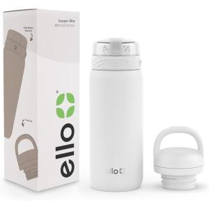 Ello Cooper 22oz Stainless Steel Water Bottle with Straw and Carry Handle, Double Walled and Vacuum Insulated Metal, Leak Proof Locking Lid with Soft Silicone Spout, Reusable, BPA Free, Antigua(White)