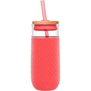 Ello Devon 18oz Glass Tumbler with Straw, Friction Fit Bamboo Wood Lid and Silicone Sleeve | Perfect for Iced Coffee, Tea, Matcha and Smoothies(Coral)