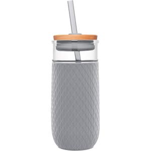 Ello Devon 18oz Glass Tumbler with Straw, Friction Fit Bamboo Wood Lid and Silicone Sleeve | Perfect for Iced Coffee, Tea, Matcha and Smoothies(Gray)