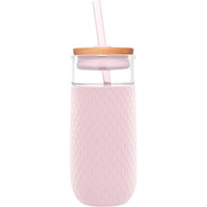 Ello Devon 18oz Glass Tumbler with Straw, Friction Fit Bamboo Wood Lid and Silicone Sleeve | Perfect for Iced Coffee, Tea, Matcha and Smoothies(Pink Satin)