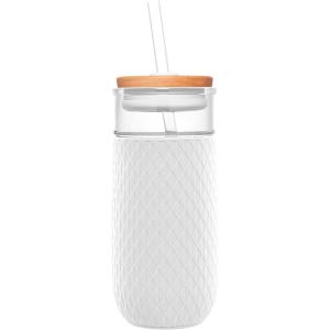 Ello Devon 18oz Glass Tumbler with Straw, Friction Fit Bamboo Wood Lid and Silicone Sleeve | Perfect for Iced Coffee, Tea, Matcha and Smoothies(White)