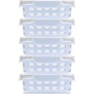Ello Duraglass Refresh 3.4 Cup Divided Meal Prep Set 10Pc, 5 Pack, 2 Compartment Glass Food Storage Container with Silicone Boot and Airtight BPA-Free Plastic Lids, Dishwasher & Microwave Safe, Glade(Halogen Blue with Sleeve)