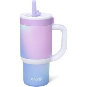 Ello Oasis 24oz Tumbler with Handle & Retracting Straw | Reusable Insulated Stainless Steel Cup 100% Leakproof, Gifts for Teens Women Men | Keeps cold for 24 Hours, Cup Holder Friendly, Orange Daisies(Purple Swirl)