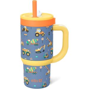 Ello Oasis 24oz Tumbler with Handle & Retracting Straw | Reusable Insulated Stainless Steel Cup 100% Leakproof, Gifts for Teens Women Men | Keeps cold for 24 Hours, Cup Holder Friendly, Orange Daisies(Construction)