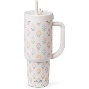 Ello Oasis 24oz Tumbler with Handle & Retracting Straw | Reusable Insulated Stainless Steel Cup 100% Leakproof, Gifts for Teens Women Men | Keeps cold for 24 Hours, Cup Holder Friendly, Orange Daisies(Flower Quilt)