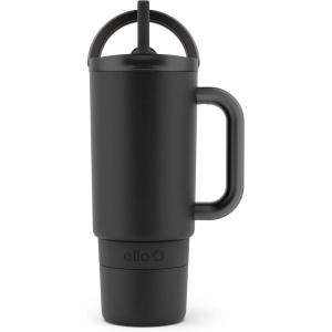 Ello Port 40oz Tumbler with Carry Loop & Integrated Handle, Vacuum Insulated Stainless Steel Reusable Water Bottle, Travel Mug with Leak Proof Lid & Straw, Perfect for Iced Coffee & Tea, White(Black)