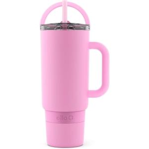 Ello Port 40oz Tumbler with Carry Loop & Integrated Handle, Vacuum Insulated Stainless Steel Reusable Water Bottle, Travel Mug with Leak Proof Lid & Straw, Perfect for Iced Coffee & Tea, White(Bubblegum)