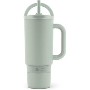 Ello Port 40oz Tumbler with Carry Loop & Integrated Handle, Vacuum Insulated Stainless Steel Reusable Water Bottle, Travel Mug with Leak Proof Lid & Straw, Perfect for Iced Coffee & Tea, White(Sage)