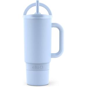 Ello Port 40oz Tumbler with Carry Loop & Integrated Handle, Vacuum Insulated Stainless Steel Reusable Water Bottle, Travel Mug with Leak Proof Lid & Straw, Perfect for Iced Coffee & Tea, White(Halogen Blue)