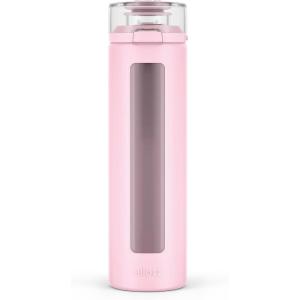 Ello Syndicate 20oz Reusable Glass Water Bottle with One-Touch Leak Proof Flip Lid,Protective Non-Slip Silicone Sleeve,Carry Loop for Coffee,Tea&Water,BPA-free, Dishwasher Safe,Alligator,‎Home,Travel(Cashmere Pink)