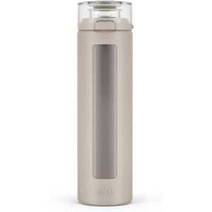 Ello Syndicate 20oz Reusable Glass Water Bottle with One-Touch Leak Proof Flip Lid,Protective Non-Slip Silicone Sleeve,Carry Loop for Coffee,Tea&Water,BPA-free, Dishwasher Safe,Alligator,‎Home,Travel(Sand)