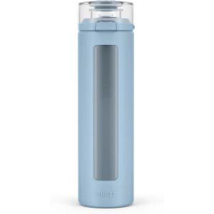 Ello Syndicate 20oz Reusable Glass Water Bottle with One-Touch Leak Proof Flip Lid,Protective Non-Slip Silicone Sleeve,Carry Loop for Coffee,Tea&Water,BPA-free, Dishwasher Safe,Alligator,‎Home,Travel(Tech Blue)