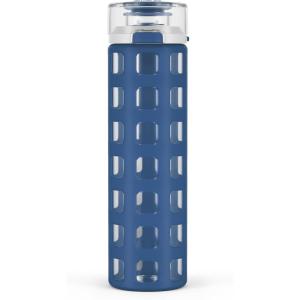 Ello Syndicate 20oz Reusable Glass Water Bottle with One-Touch Leak Proof Flip Lid,Protective Non-Slip Silicone Sleeve,Carry Loop for Coffee,Tea&Water,BPA-free, Dishwasher Safe,Alligator,‎Home,Travel(Bold Blue)