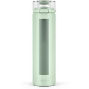 Ello Syndicate 20oz Reusable Glass Water Bottle with One-Touch Leak Proof Flip Lid,Protective Non-Slip Silicone Sleeve,Carry Loop for Coffee,Tea&Water,BPA-free, Dishwasher Safe,Alligator,‎Home,Travel(Sage)