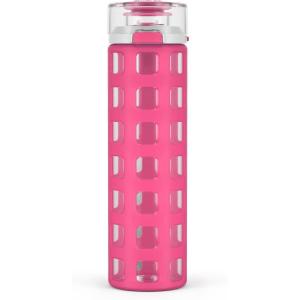 Ello Syndicate 20oz Reusable Glass Water Bottle with One-Touch Leak Proof Flip Lid,Protective Non-Slip Silicone Sleeve,Carry Loop for Coffee,Tea&Water,BPA-free, Dishwasher Safe,Alligator,‎Home,Travel(Pink)