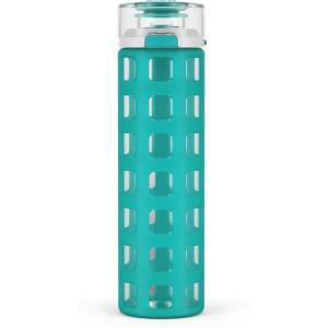 Ello Syndicate 20oz Reusable Glass Water Bottle with One-Touch Leak Proof Flip Lid,Protective Non-Slip Silicone Sleeve,Carry Loop for Coffee,Tea&Water,BPA-free, Dishwasher Safe,Alligator,‎Home,Travel(Mint)