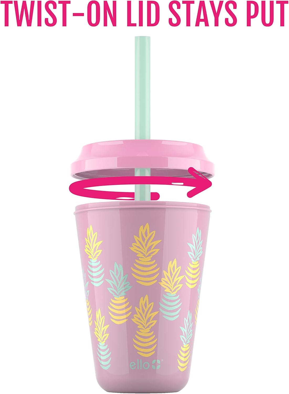 imageEllo 12oz Kids Plastic Reusable Color Changing Cups with Twist on SplashProof Lids and Straw BPA Free Dishwasher SafeFruit Pop