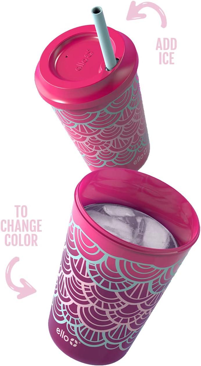 imageEllo 12oz Kids Plastic Reusable Color Changing Cups with Twist on SplashProof Lids and Straw BPA Free Dishwasher SafeFruit Pop