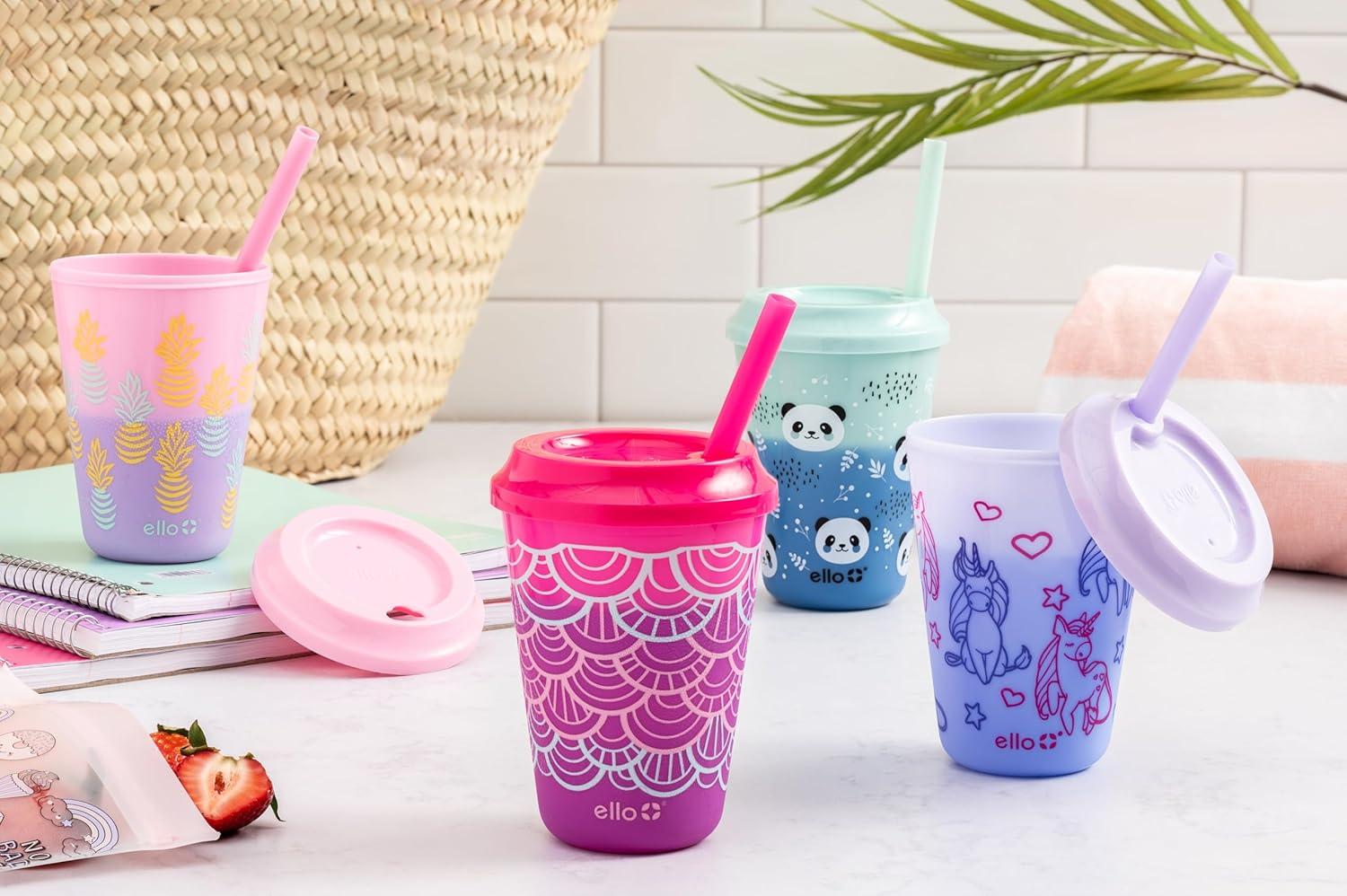 imageEllo 12oz Kids Plastic Reusable Color Changing Cups with Twist on SplashProof Lids and Straw BPA Free Dishwasher SafeFruit Pop