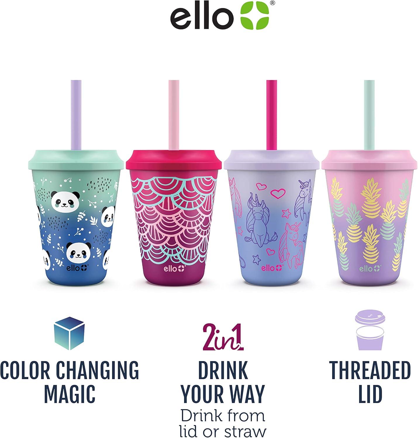 imageEllo 12oz Kids Plastic Reusable Color Changing Cups with Twist on SplashProof Lids and Straw BPA Free Dishwasher SafeFruit Pop