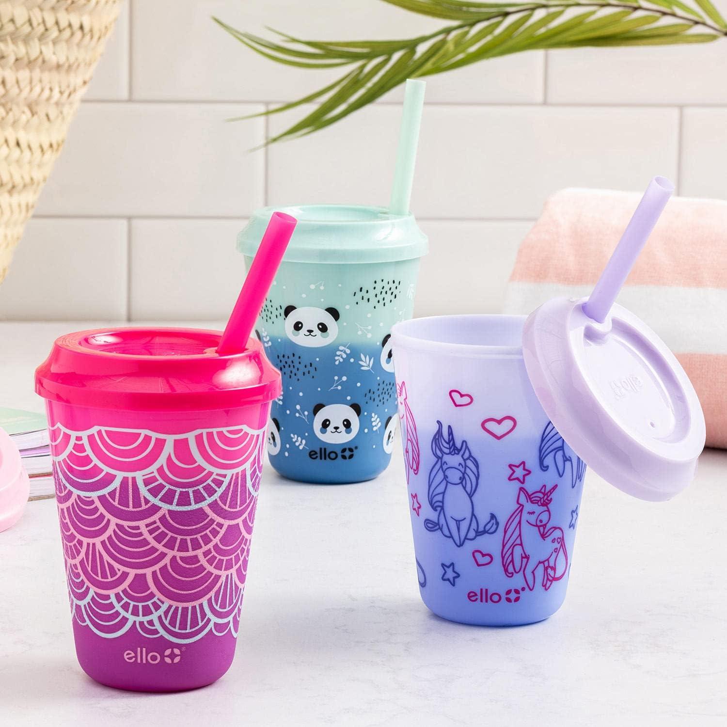 imageEllo 12oz Kids Plastic Reusable Color Changing Cups with Twist on SplashProof Lids and Straw BPA Free Dishwasher SafeFruit Pop