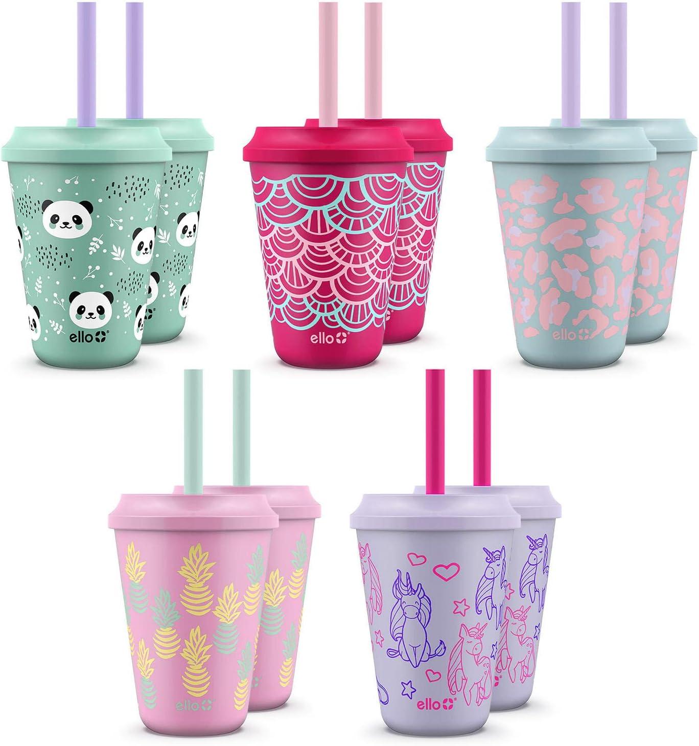 imageEllo 12oz Kids Plastic Reusable Color Changing Cups with Twist on SplashProof Lids and Straw BPA Free Dishwasher SafeFruit Pop