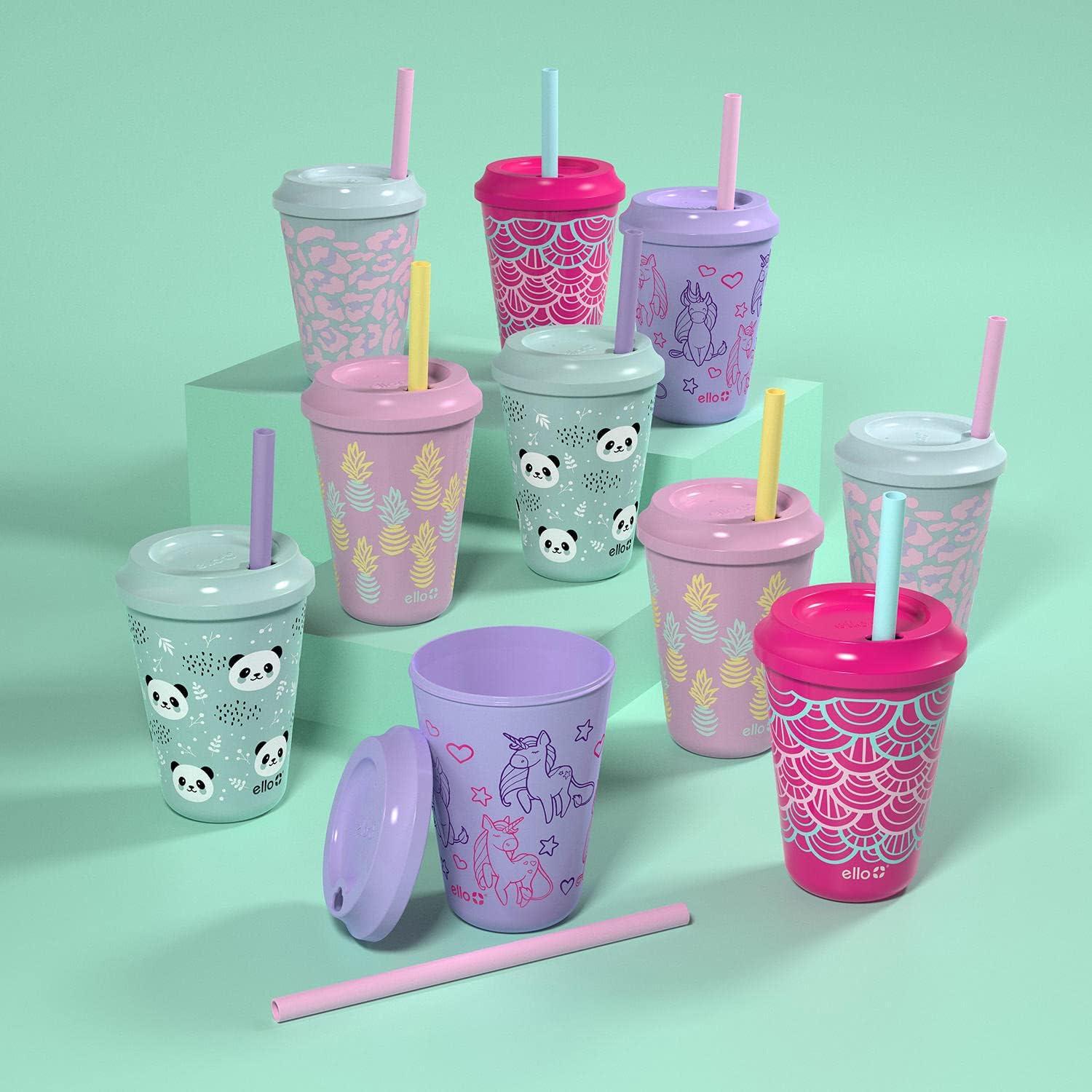 imageEllo 12oz Kids Plastic Reusable Color Changing Cups with Twist on SplashProof Lids and Straw BPA Free Dishwasher SafeFruit Pop