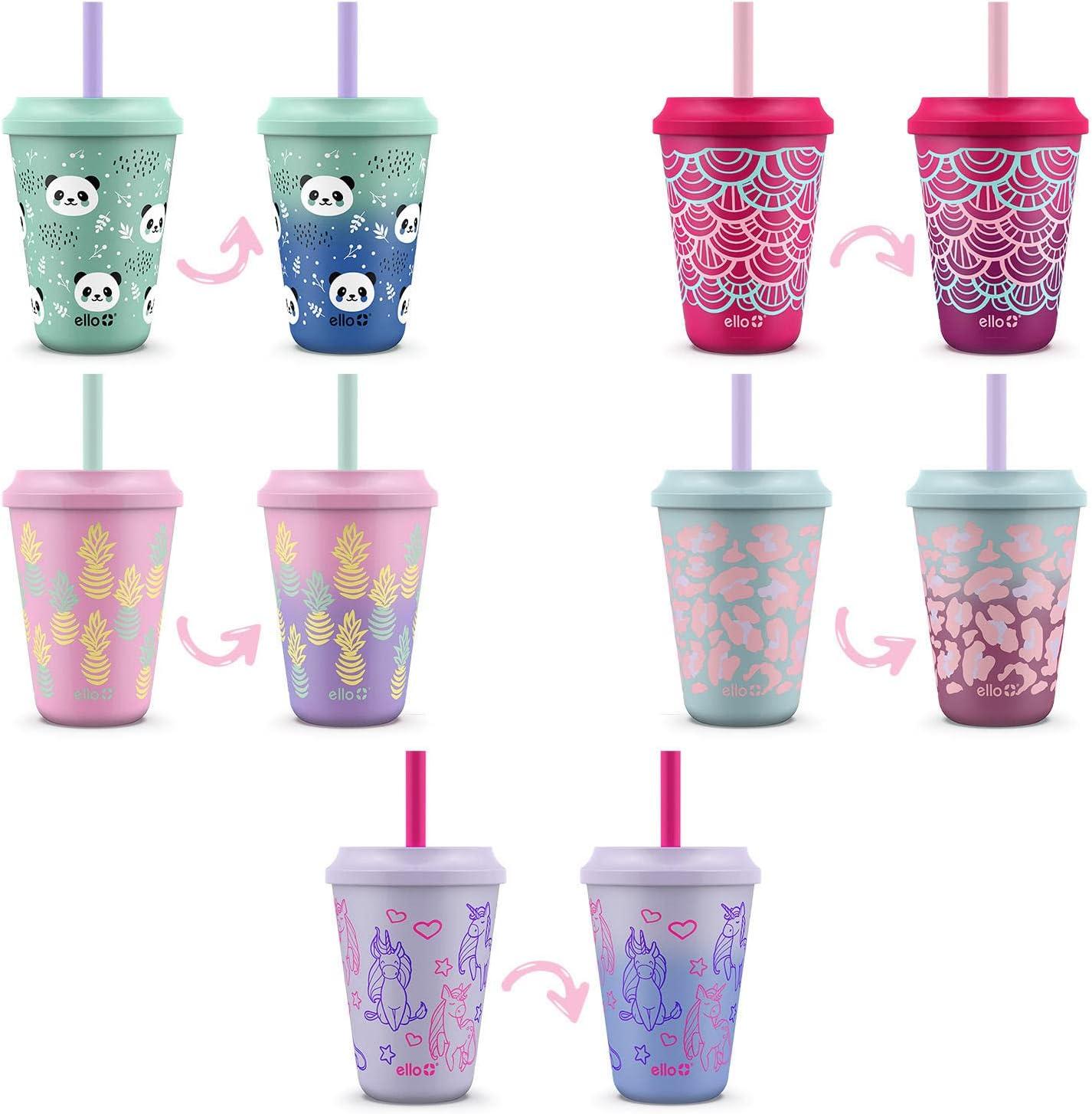 imageEllo 12oz Kids Plastic Reusable Color Changing Cups with Twist on SplashProof Lids and Straw BPA Free Dishwasher SafeFruit Pop
