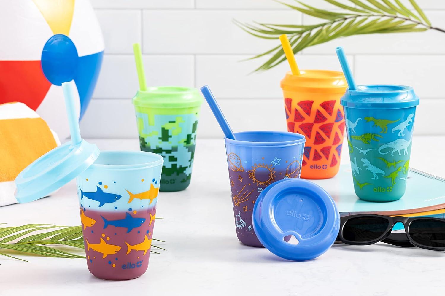 imageEllo 12oz Kids Plastic Reusable Color Changing Cups with Twist on SplashProof Lids and Straw BPA Free Dishwasher SafeRainforest