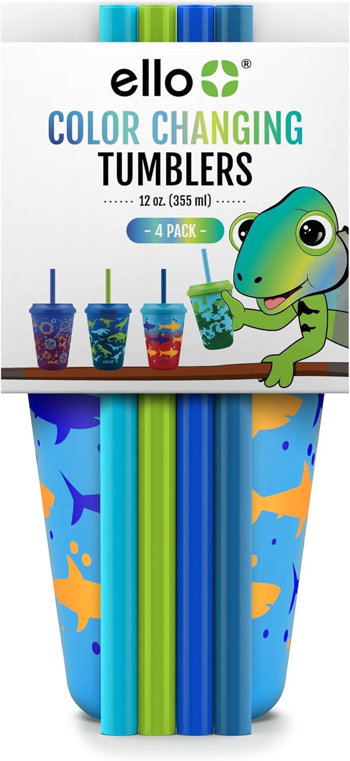 imageEllo 12oz Kids Plastic Reusable Color Changing Cups with Twist on SplashProof Lids and Straw BPA Free Dishwasher SafeRainforest