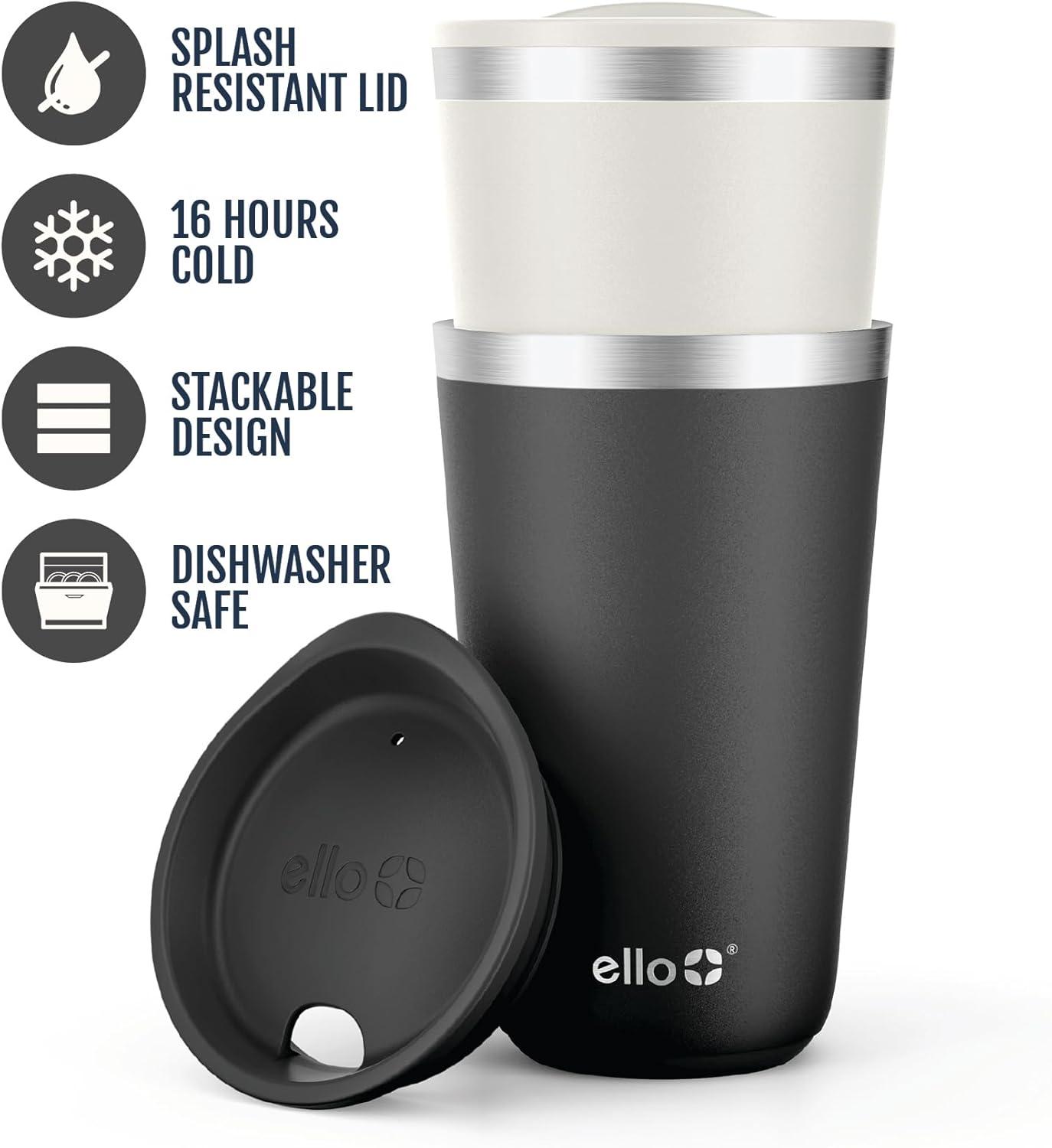 imageEllo 2 Pack 16oz Stainless Steel Stacking Cups with Easy Press Lids Pint Size Reusable Tumblers for Parties Home Camping Outdoor Keeps Cold for 16 Hours Dishwasher Safe Soft Plum amp SageBlack Mineral