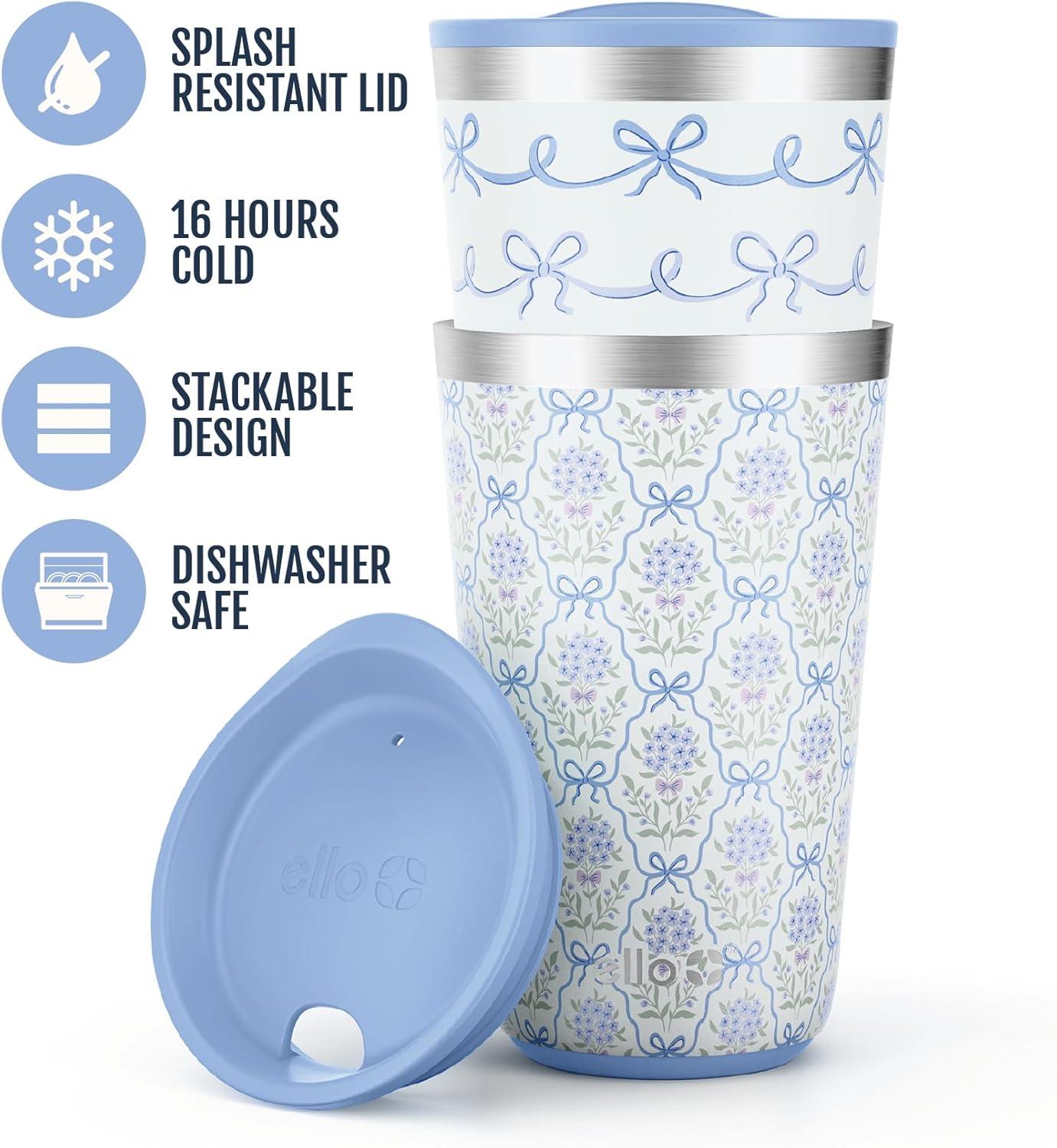 imageEllo 2 Pack 16oz Stainless Steel Stacking Cups with Easy Press Lids Pint Size Reusable Tumblers for Parties Home Camping Outdoor Keeps Cold for 16 Hours Dishwasher Safe Soft Plum amp SageBows Flowers