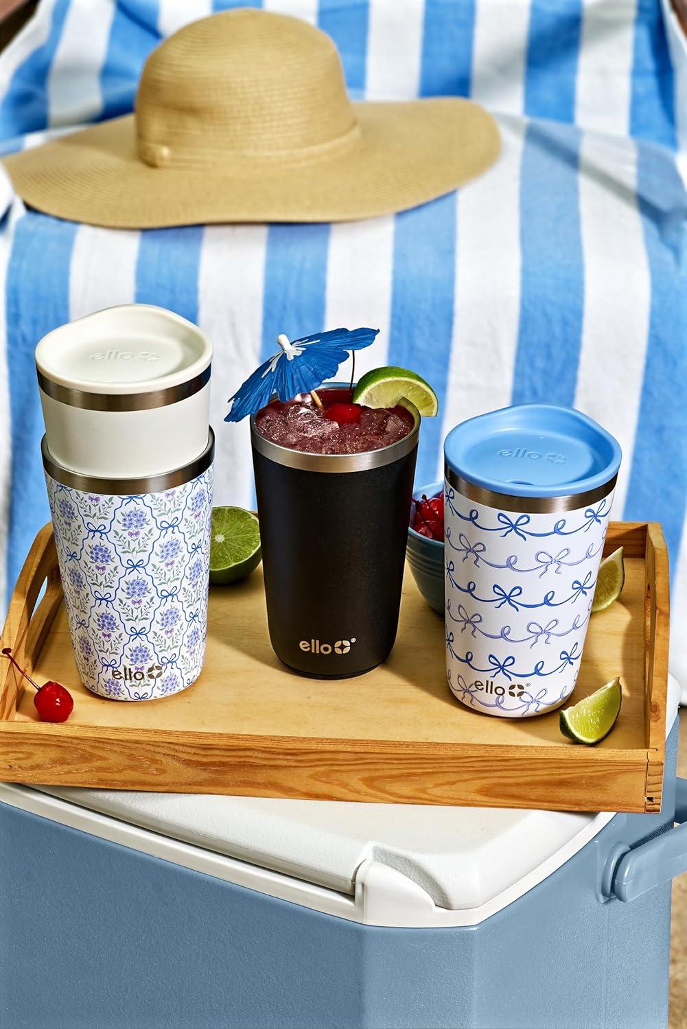 imageEllo 2 Pack 16oz Stainless Steel Stacking Cups with Easy Press Lids Pint Size Reusable Tumblers for Parties Home Camping Outdoor Keeps Cold for 16 Hours Dishwasher Safe Soft Plum amp SageBlack Mineral